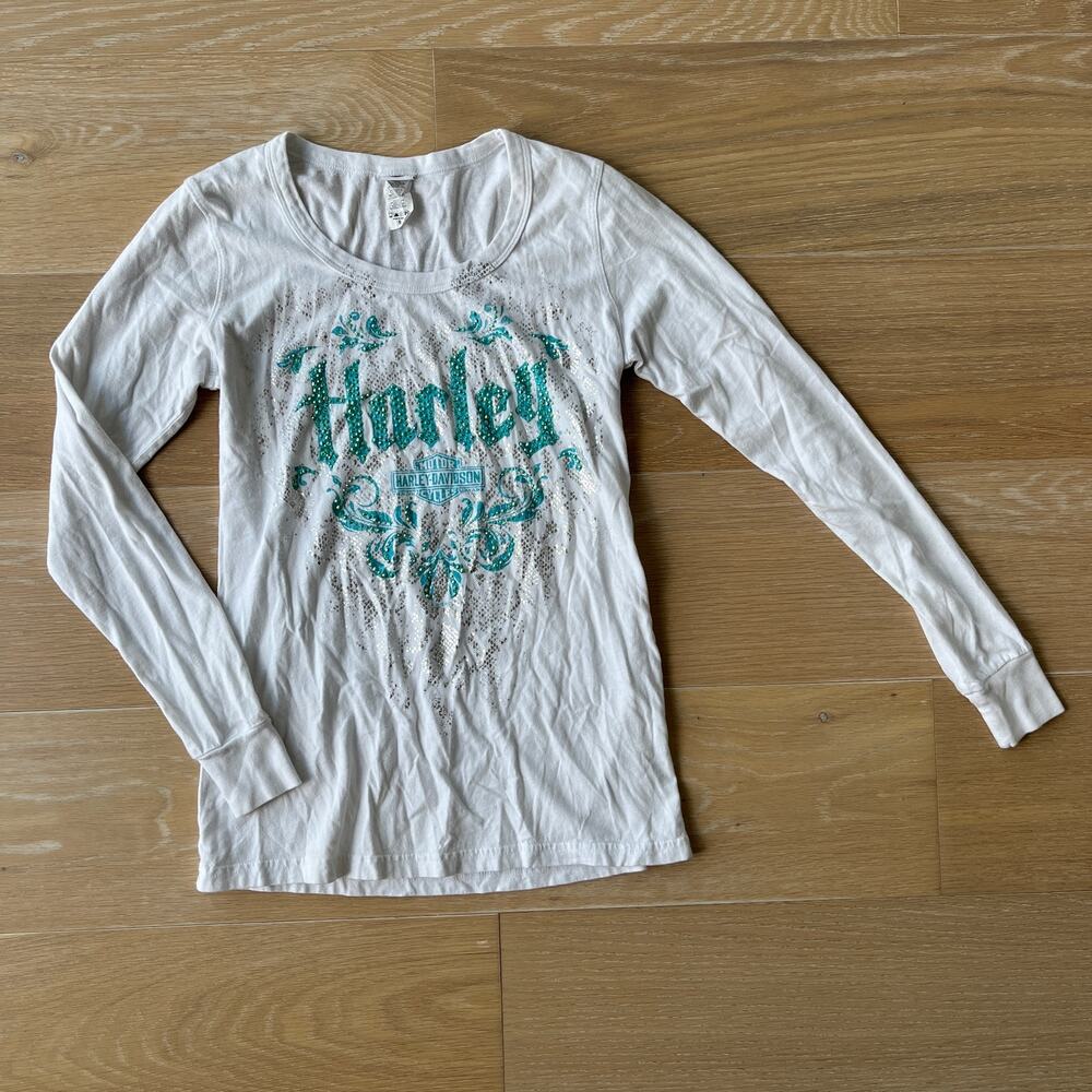 Harley Davidson White Long Sleeve Rhinestone Tee Huntington WV